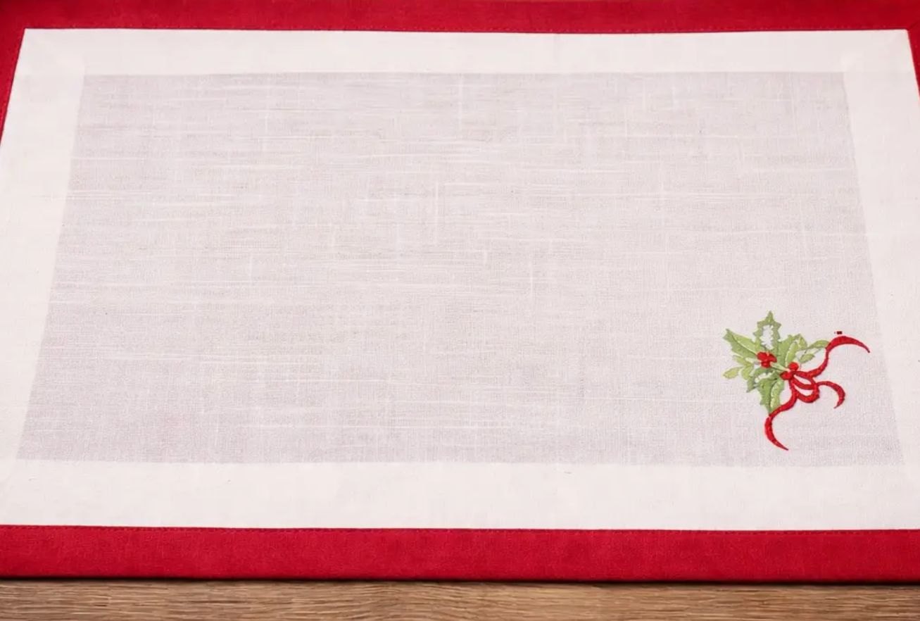 Red White Embroidered Holly Tree 13"x19" Placemat