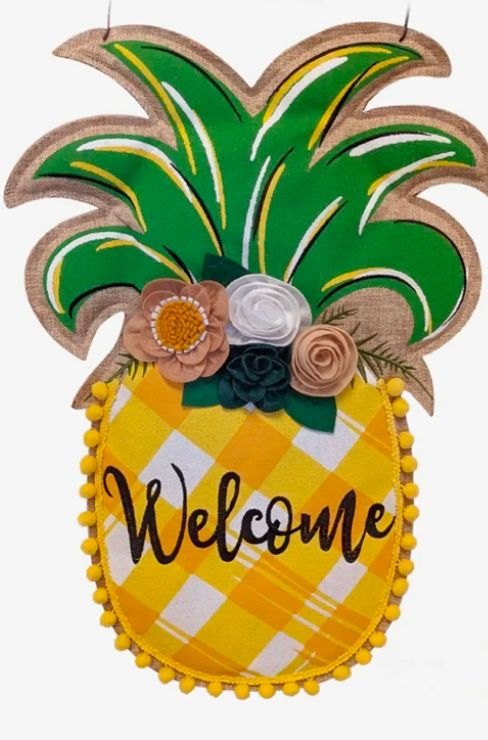 Pineapple Pom-Pom Welcome Burlap Wall Decor 21"x1