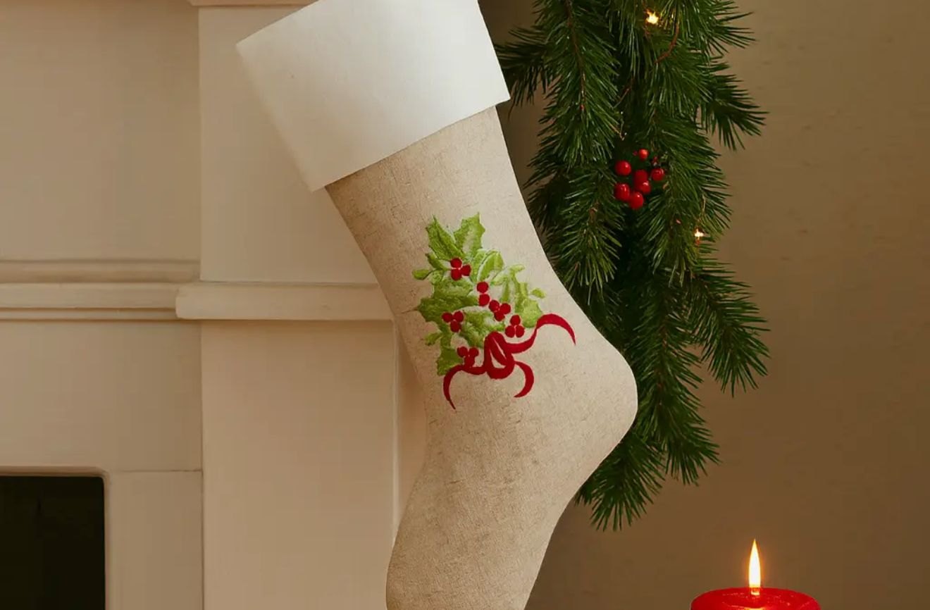 White & Natural Embroidered Holly Christmas Stocking