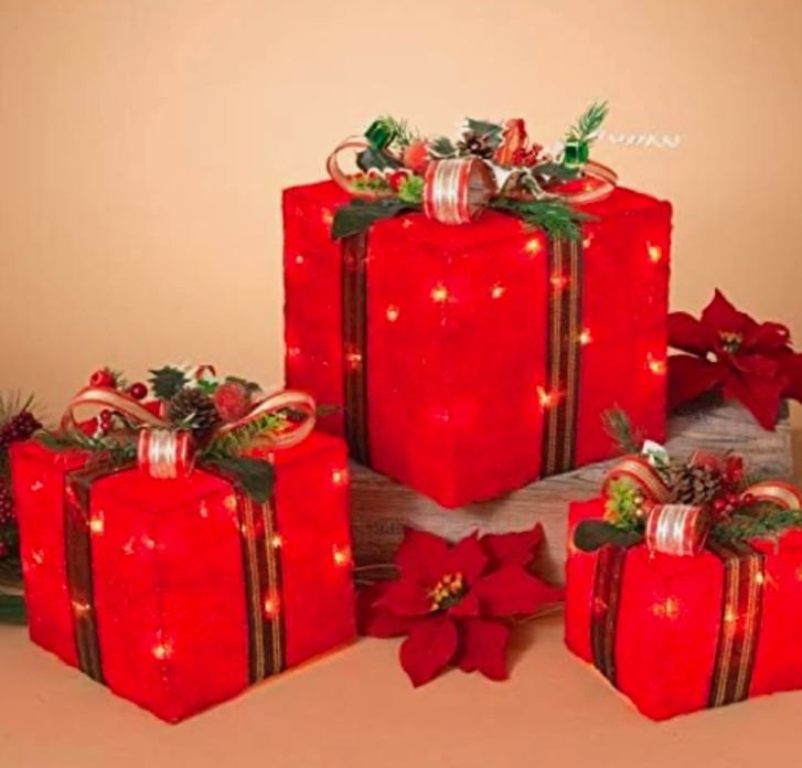 Set of 3 Lighted Holiday Red Sisal Gift Boxes Tabletop Christmas Decoration