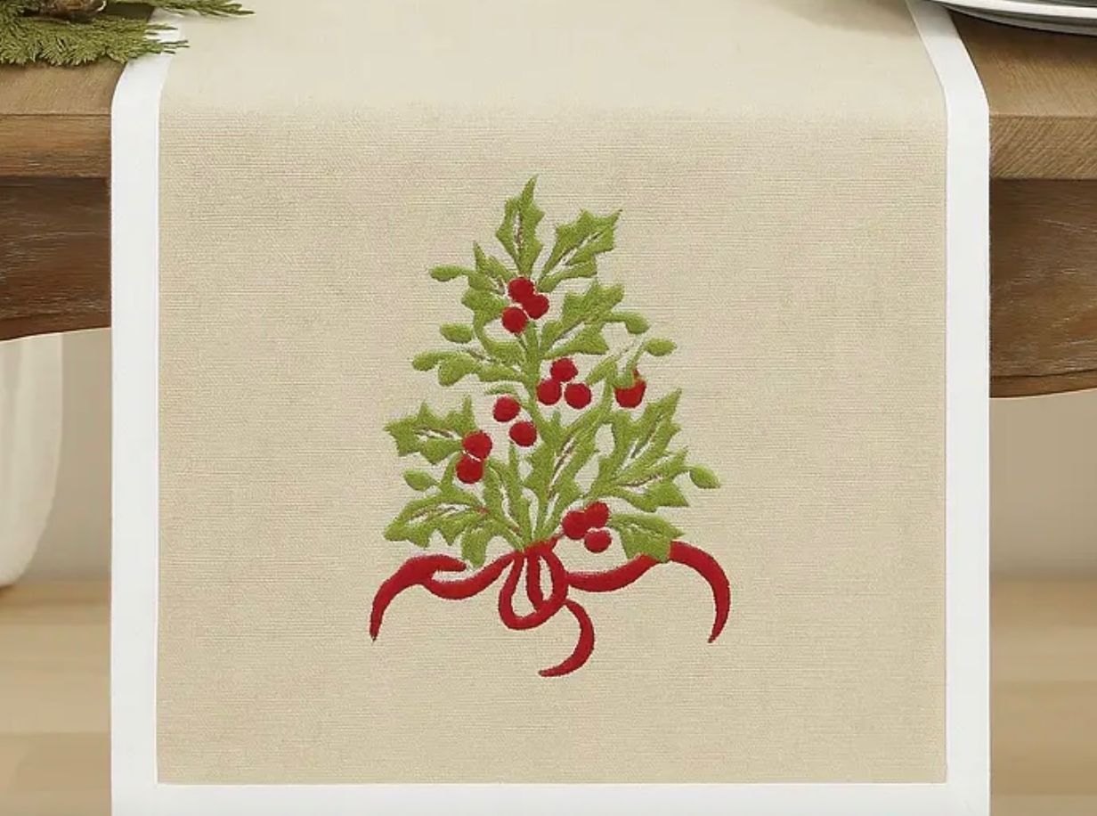 Natural & White Embroidered Holly Tree Table Runner