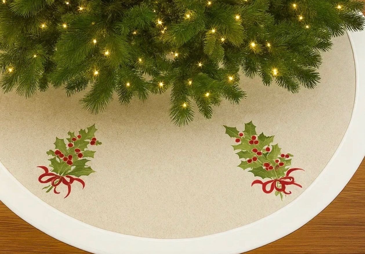 White & Natural Embroidered Holly 53" Christmas Tree Skirt